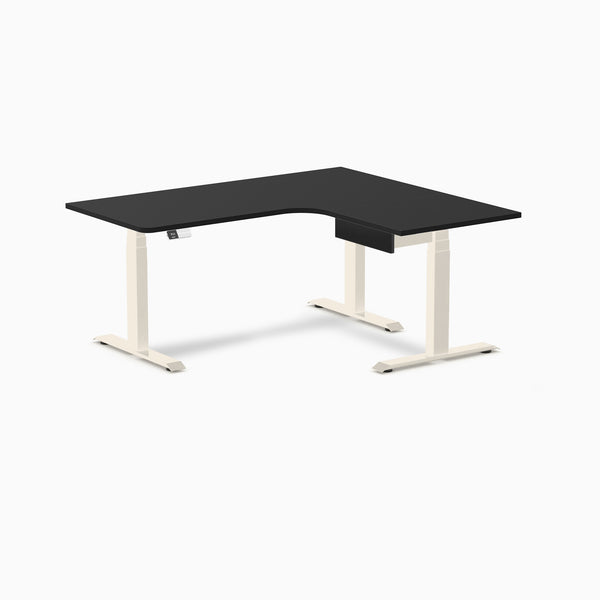 Desky L-Shape Melamine Standing Desk With Drawer, Black desktop, Wheat frame