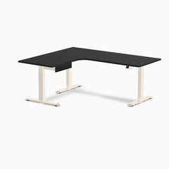 Desky L-Shape Melamine Standing Desk With Drawer, Black desktop, Wheat frame