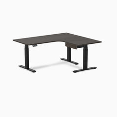 Desky L-Shape Melamine Standing Desk With Drawer, Burnished Wood desktop, Matte Black frame