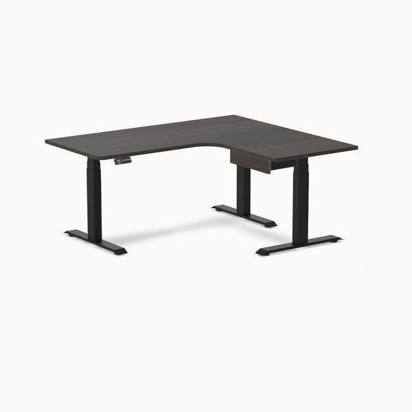 Desky L-Shape Melamine Standing Desk With Drawer, Burnished Wood desktop, Matte Black frame