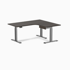 Desky L-Shape Melamine Standing Desk With Drawer, Burnished Wood desktop, Space Grey frame