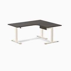 Desky L-Shape Melamine Standing Desk With Drawer, Burnished Wood desktop, Wheat frame