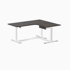 Desky L-Shape Melamine Standing Desk With Drawer, Burnished Wood desktop, White frame