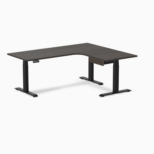 Desky L-Shape Melamine Standing Desk With Drawer, Burnished Wood desktop, Matte Black frame