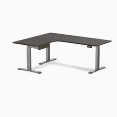 Desky L-Shape Melamine Standing Desk With Drawer, Burnished Wood desktop, Space Grey frame