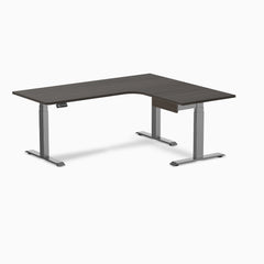 Desky L-Shape Melamine Standing Desk With Drawer, Burnished Wood desktop, Space Grey frame