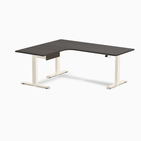 Desky L-Shape Melamine Standing Desk With Drawer, Burnished Wood desktop, Wheat frame