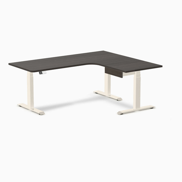 Desky L-Shape Melamine Standing Desk With Drawer, Burnished Wood desktop, Wheat frame