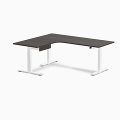 Desky L-Shape Melamine Standing Desk With Drawer, Burnished Wood desktop, White frame