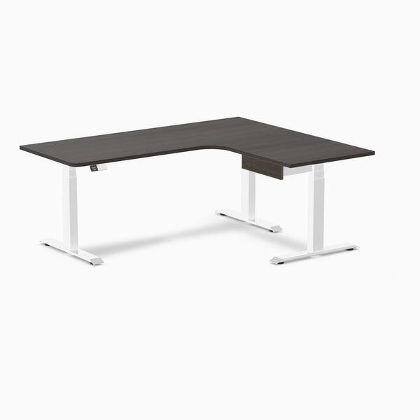 Desky L-Shape Melamine Standing Desk With Drawer, Burnished Wood desktop, White frame