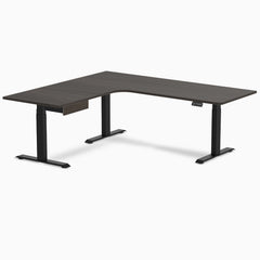 Desky L-Shape Melamine Standing Desk With Drawer, Burnished Wood desktop, Matte Black frame