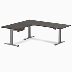 Desky L-Shape Melamine Standing Desk With Drawer, Burnished Wood desktop, Space Grey frame