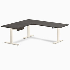 Desky L-Shape Melamine Standing Desk With Drawer, Burnished Wood desktop, Wheat frame