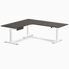 Desky L-Shape Melamine Standing Desk With Drawer, Burnished Wood desktop, White frame