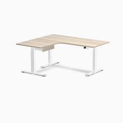 Desky L-Shape Melamine Standing Desk With Drawer, Classic Oak desktop, White frame
