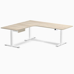 Desky L-Shape Melamine Standing Desk With Drawer, Classic Oak desktop, White frame