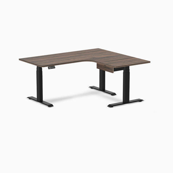 Desky L-Shape Melamine Standing Desk With Drawer, Jarrah Legno desktop, Matte Black frame