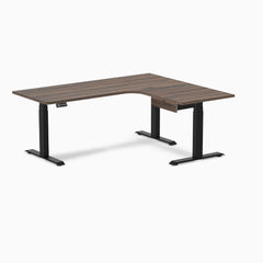 Desky L-Shape Melamine Standing Desk With Drawer, Jarrah Legno desktop, Matte Black frame