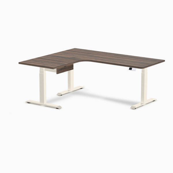 Desky L-Shape Melamine Standing Desk With Drawer, Jarrah Legno desktop, Wheat frame
