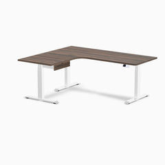Desky L-Shape Melamine Standing Desk With Drawer, Jarrah Legno desktop, White frame