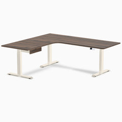 Desky L-Shape Melamine Standing Desk With Drawer, Jarrah Legno desktop, Wheat frame