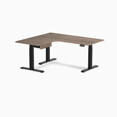 Desky L-Shape Melamine Standing Desk With Drawer, Natural Walnut desktop, Matte Black frame