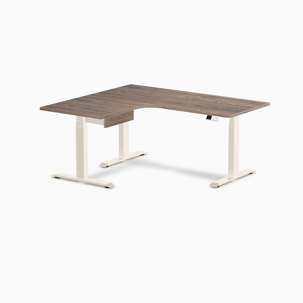 Desky L-Shape Melamine Standing Desk With Drawer, Natural Walnut desktop, Wheat frame