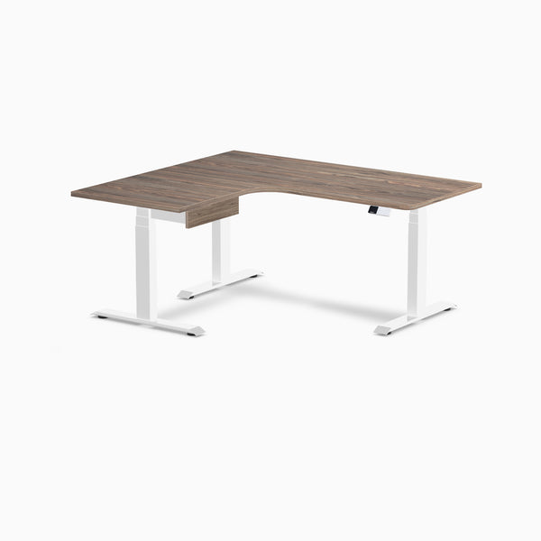 Desky L-Shape Melamine Standing Desk With Drawer, Natural Walnut desktop, White frame