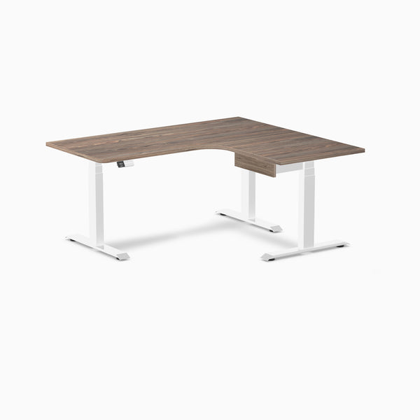 Desky L-Shape Melamine Standing Desk With Drawer, Natural Walnut desktop, White frame
