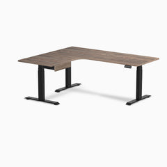 Desky L-Shape Melamine Standing Desk With Drawer, Natural Walnut desktop, Matte Black frame