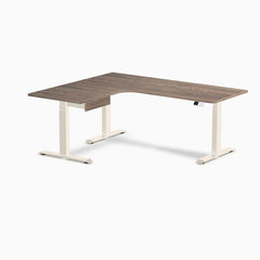 Desky L-Shape Melamine Standing Desk With Drawer, Natural Walnut desktop, Wheat frame