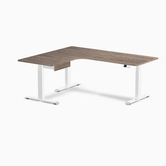 Desky L-Shape Melamine Standing Desk With Drawer, Natural Walnut desktop, White frame