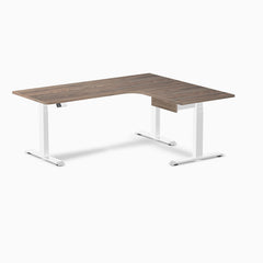 Desky L-Shape Melamine Standing Desk With Drawer, Natural Walnut desktop, White frame