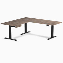 Desky L-Shape Melamine Standing Desk With Drawer, Natural Walnut desktop, Matte Black frame