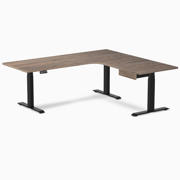 Desky L-Shape Melamine Standing Desk With Drawer, Natural Walnut desktop, Matte Black frame