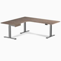 Desky L-Shape Melamine Standing Desk With Drawer, Natural Walnut desktop, Space Grey frame