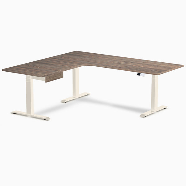Desky L-Shape Melamine Standing Desk With Drawer, Natural Walnut desktop, Wheat frame