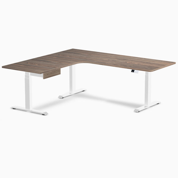 Desky L-Shape Melamine Standing Desk With Drawer, Natural Walnut desktop, White frame