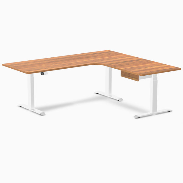 Desky L-Shape Melamine Standing Desk With Drawer, Prime Oak desktop, White frame