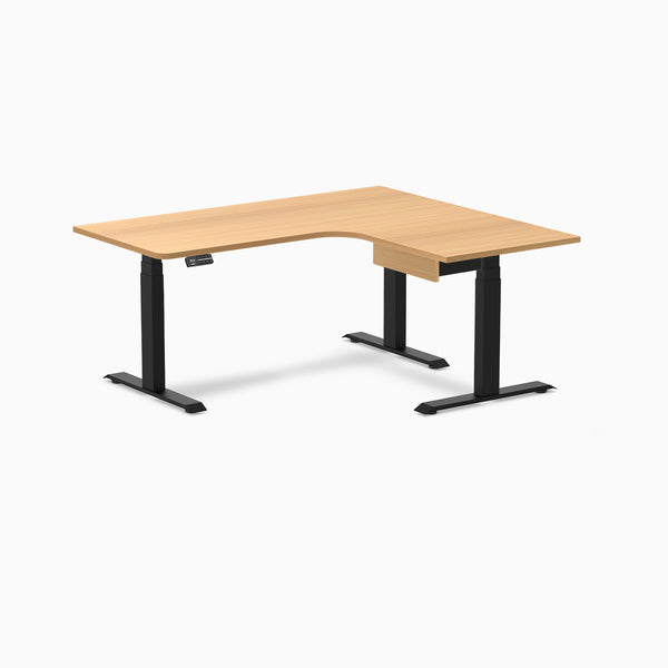 Desky L-Shape Melamine Standing Desk With Drawer, Select Beech desktop, Matte Black frame