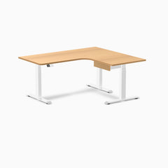 Desky L-Shape Melamine Standing Desk With Drawer, Select Beech desktop, White frame