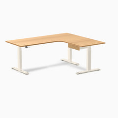 Desky L-Shape Melamine Standing Desk With Drawer, Select Beech desktop, Wheat frame