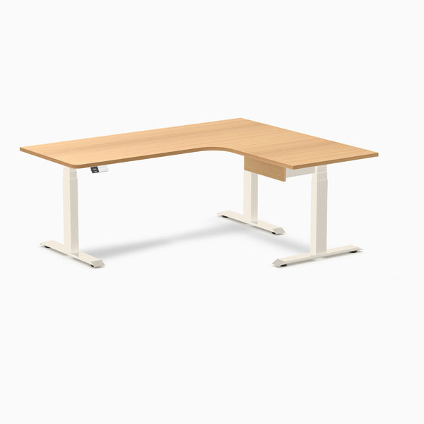 Desky L-Shape Melamine Standing Desk With Drawer, Select Beech desktop, Wheat frame