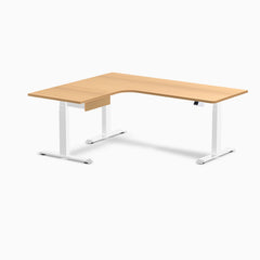 Desky L-Shape Melamine Standing Desk With Drawer, Select Beech desktop, White frame