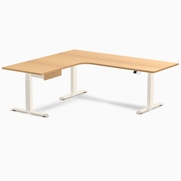 Desky L-Shape Melamine Standing Desk With Drawer, Select Beech desktop, Wheat frame