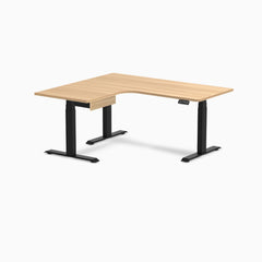 Desky L-Shape Melamine Standing Desk With Drawer, Sublime Teak desktop, Matte Black frame
