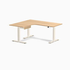 Desky L-Shape Melamine Standing Desk With Drawer, Sublime Teak desktop, Wheat frame