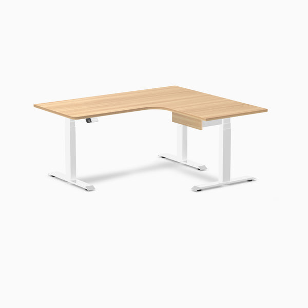 Desky L-Shape Melamine Standing Desk With Drawer, Sublime Teak desktop, White frame