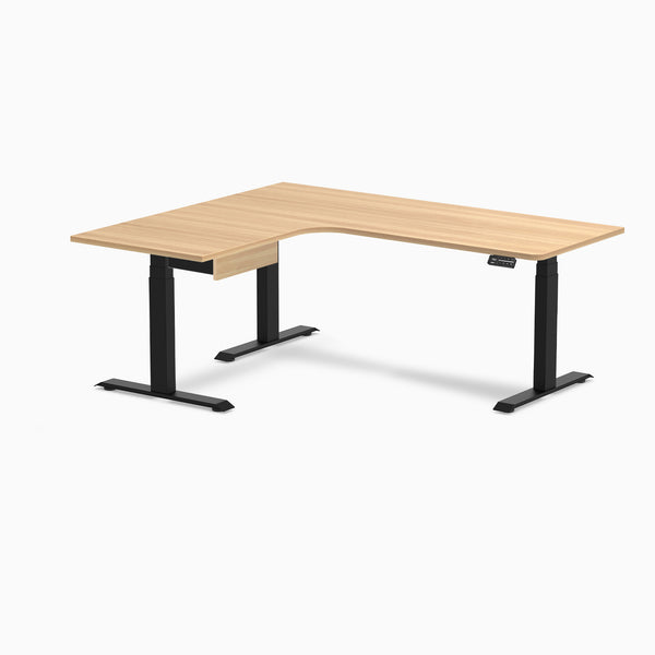 Desky L-Shape Melamine Standing Desk With Drawer, Sublime Teak desktop, Matte Black frame