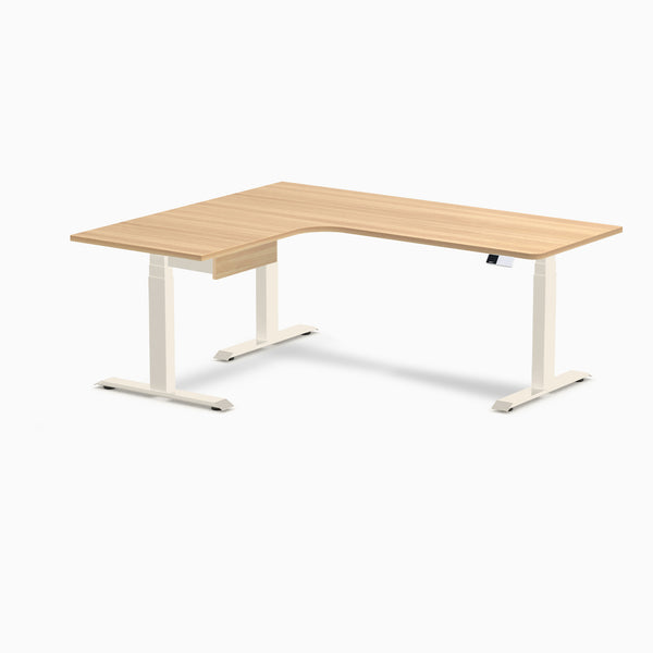Desky L-Shape Melamine Standing Desk With Drawer, Sublime Teak desktop, Wheat frame